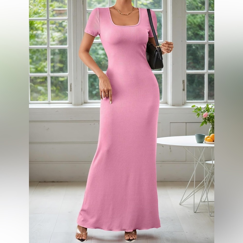 NWT No Label Size M Pink Short Sleeve Square Neck Solid Slim Fitting Maxi Dress
